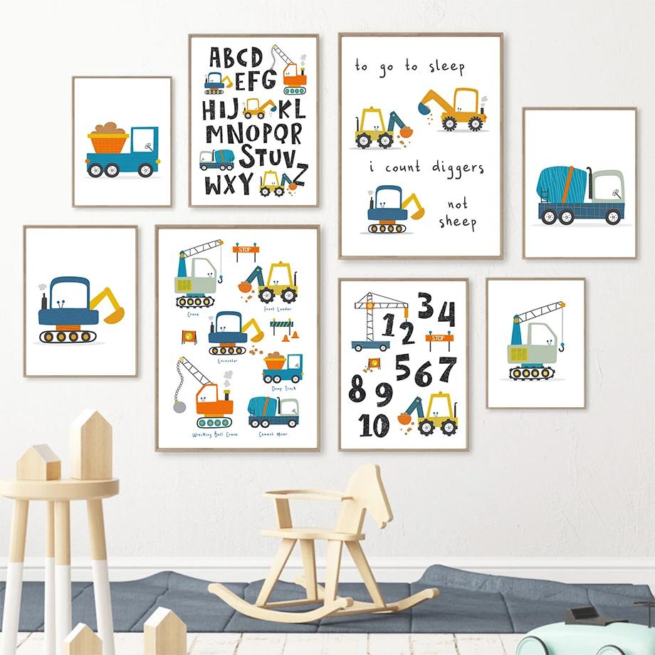 Nordic Cartoon Crane Excavator Dump Truck Front Loader Wall Art Posters and Prints Wall Pictures Kids Room Decor Canvas Painting