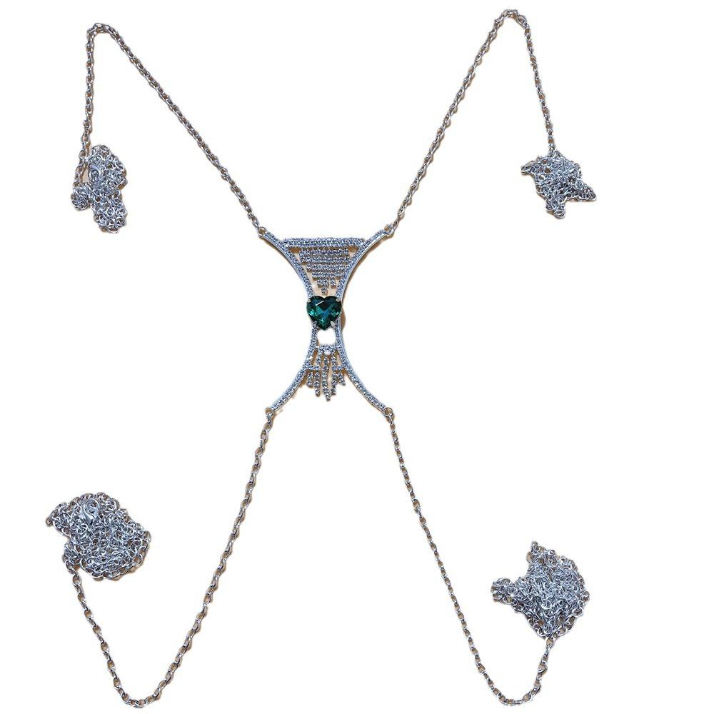 European and American Fashion Chest Necklace Exquisite Emerald Tassel Plate Lady Sexy Rhinestone Body Chains Chain