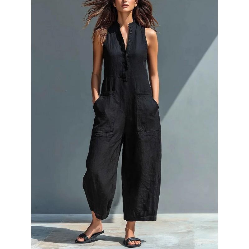2026 Womens Sleeveless Stand Collar Pocket Jumpsuit Loose Fit Cotton Linen Casual Romper