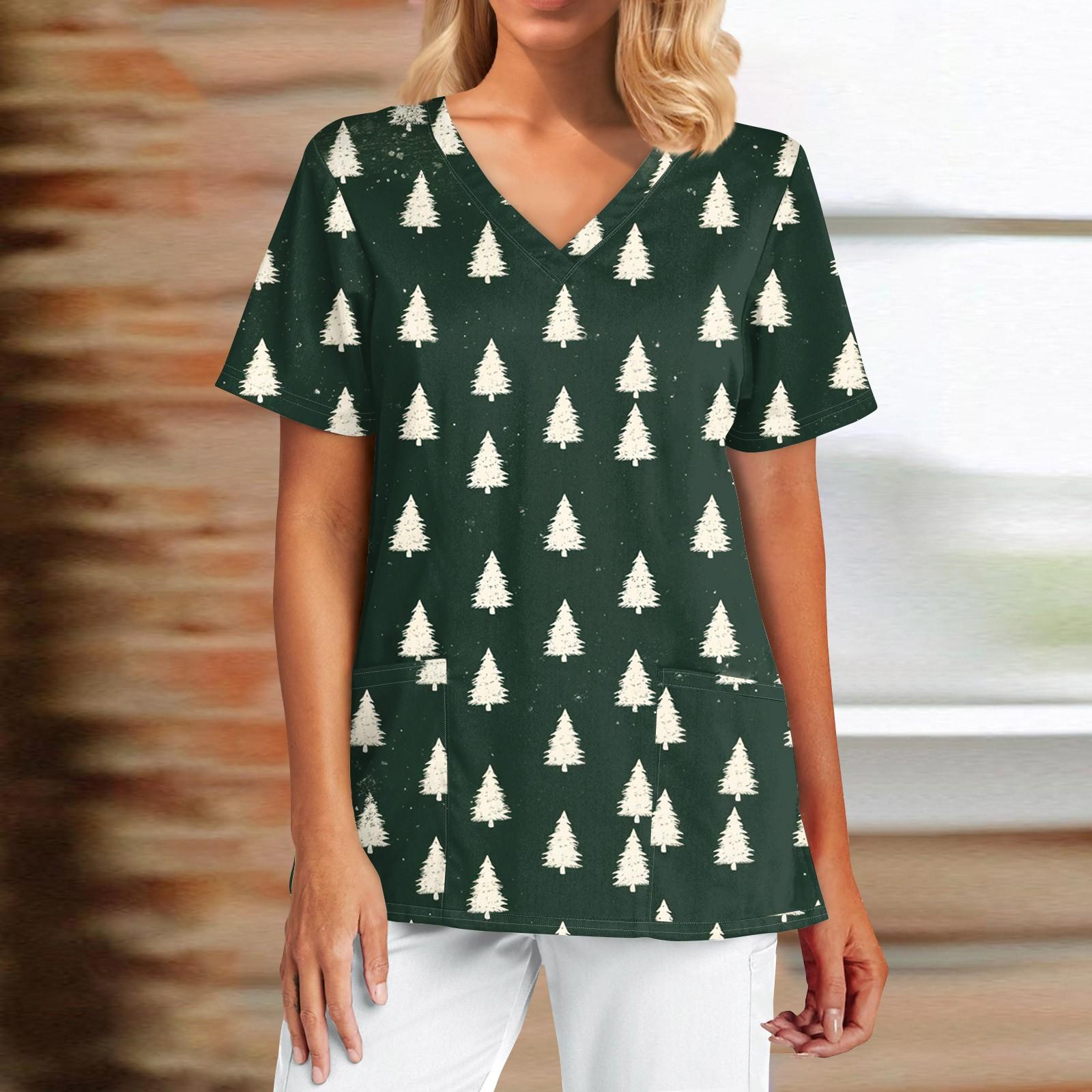 

Женская модная футболка с короткими рукавами, V-образным вырезом и маленькими карманами с рождественским принтом XL