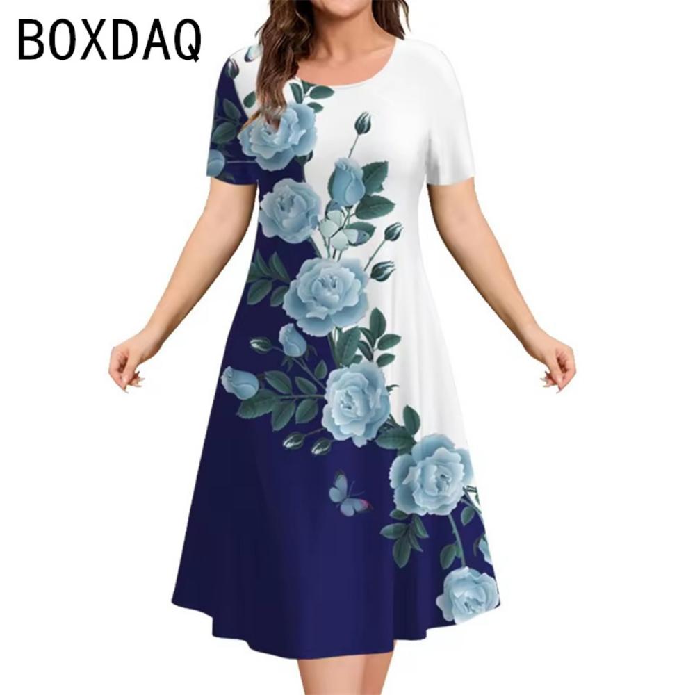 

Oversized Women Dress Elegant Vintage 3D Floral Gradient Printed Dress Big Size Summer Short Sleeve Loose Casual A-Line Dress S