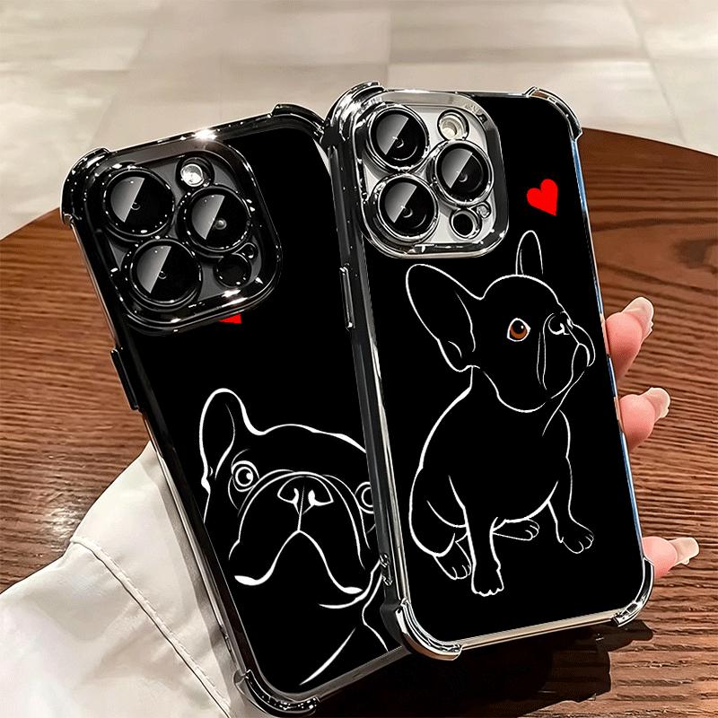 French Bulldog Black Desgin Plating Phone Case For Iphone 16 17 Pro Max Air 16E 14 15 Plus 12 13 Mini Anti-Fall Airabag Cover