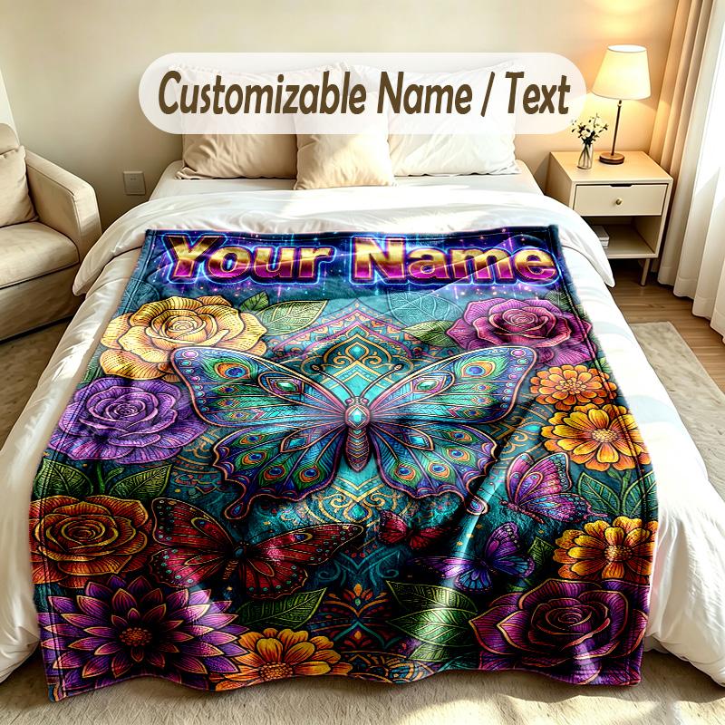 Butterfly Theme Soft Blanket Personalized Custom Name Text Print Warm Blanket Home Sofa Bedroom Decor