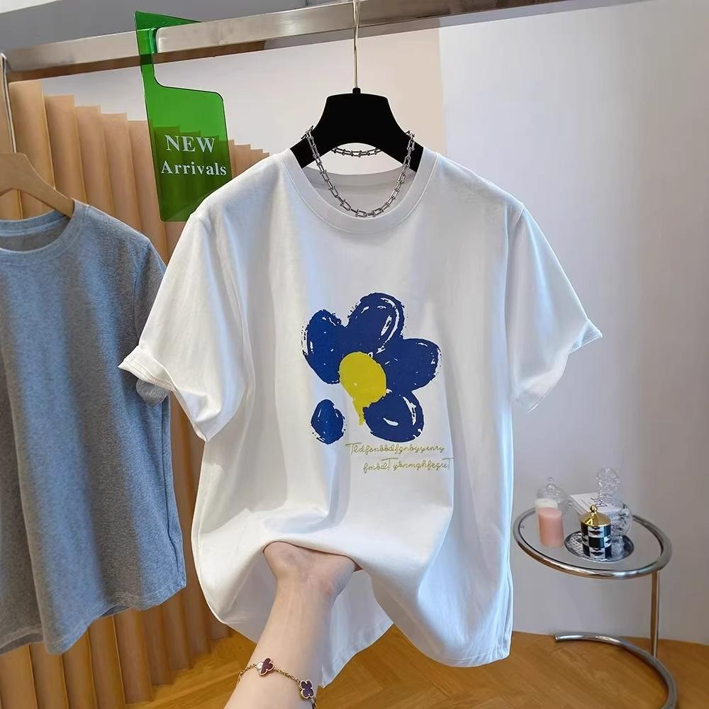 

Korean Retro Floral Print Cotton Round Neck Women s Loose T-Shirt S білий