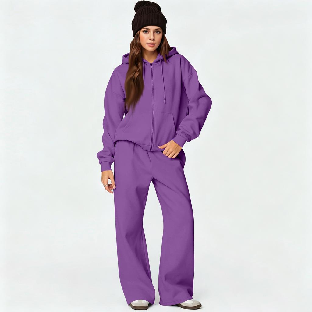 Damen Reißverschluss Hoodie und Weite Hosen 2-teiliges Set, Lockerer Trainingsanzug