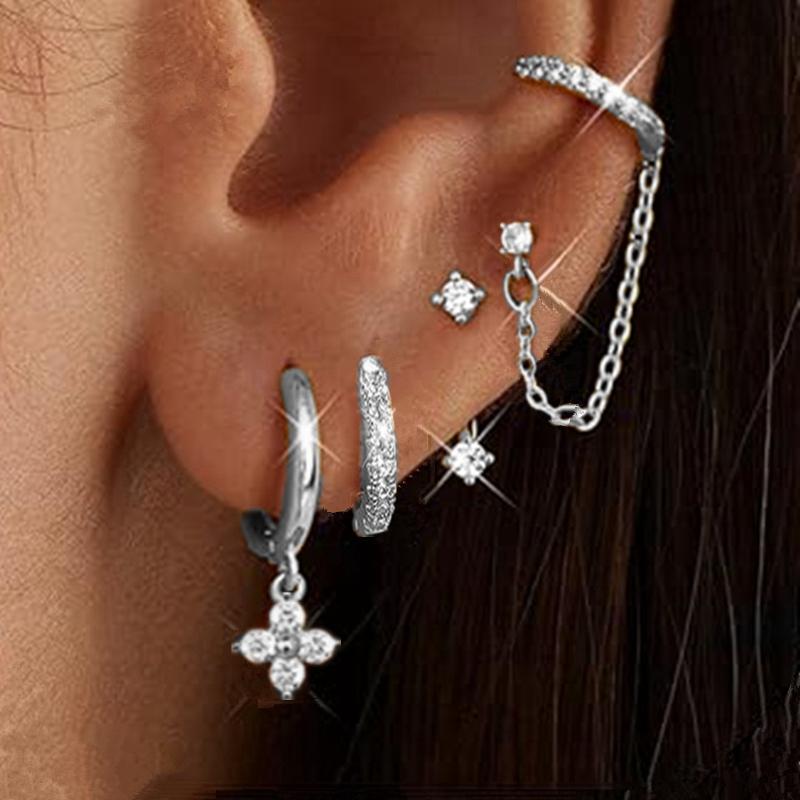 4PCS Double Piercing Chain Huggie Hoop Earring Lot For Women Tragus Stud Earrings Flower Cartilage Helix Jewelry Lobe Earing Set