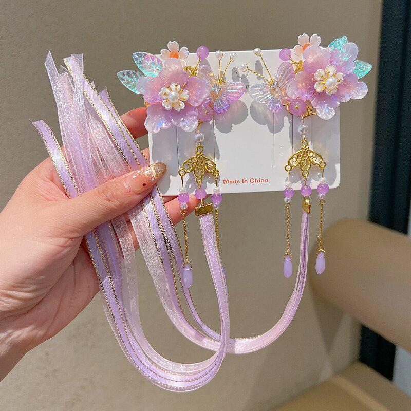 Princess Style Children's Hanfu Hair Clips - Ancient Chinese Tassel Ribbon Headdress for Girls