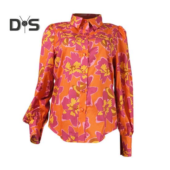 Damska koszula z klapami, bufiastymi rękawami, topy z kwiatowym nadrukiem, jednorzędowa, luźna, cienka bluzka odzież robocza