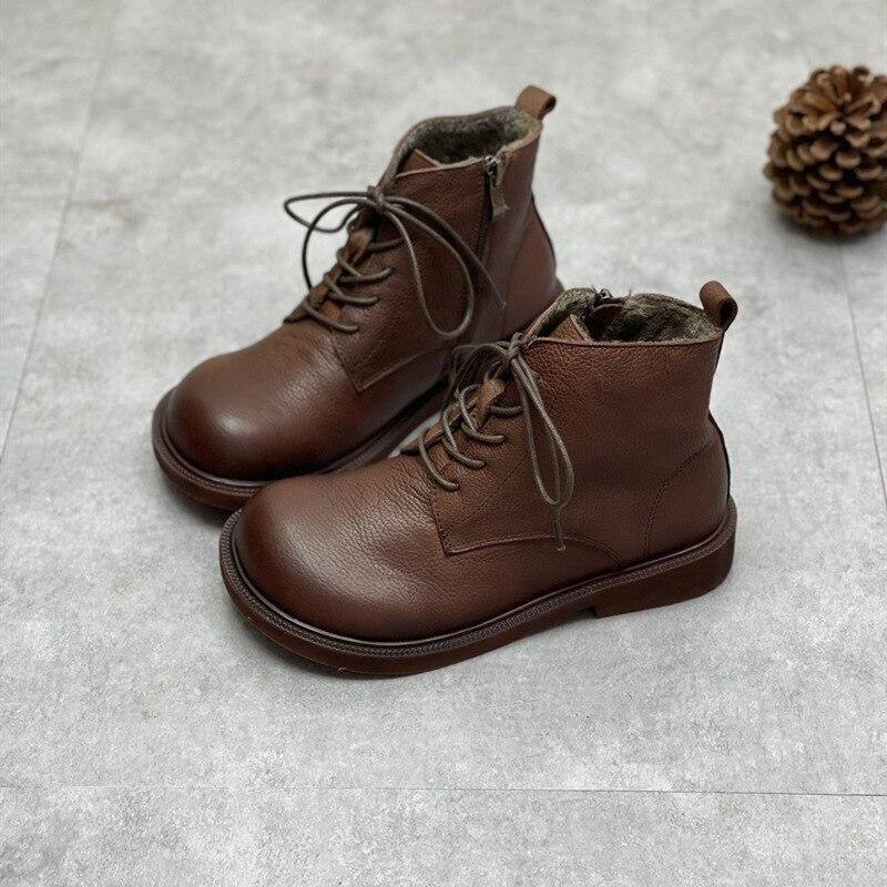 Johnature Enuine Eather Inter Oots Women Hoes Ip Ound Oe Lat With Andmade Leisure Sewing Nkle Ladies Boots