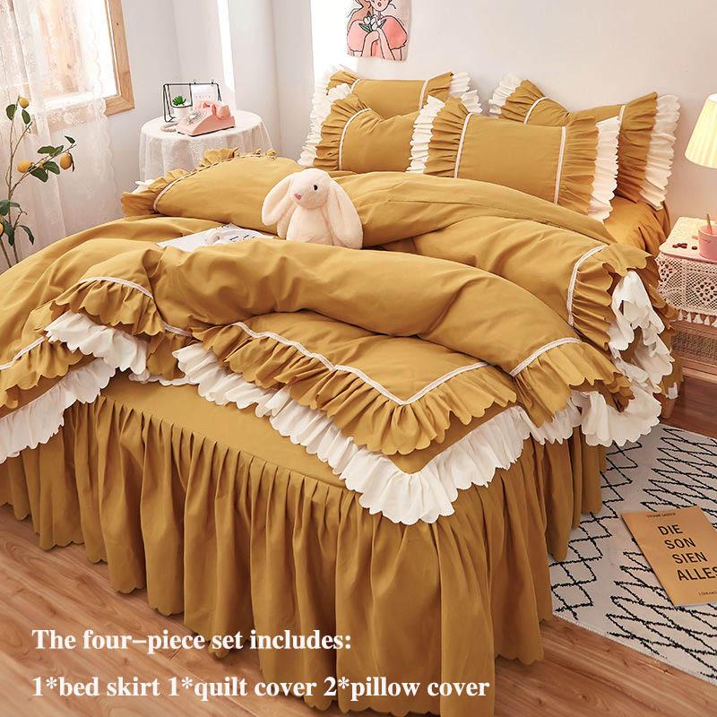 Saia de cama de quatro peças grossa escovada estilo coreano saia de cama e capa de edredão de três peças estilo princesa