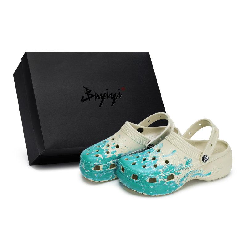 Crocs Classic Platform Clog 811 Encounter Scene Special Shoe Box Fluid Ink Splash Hole Shoes Women's Bone White Tiffany