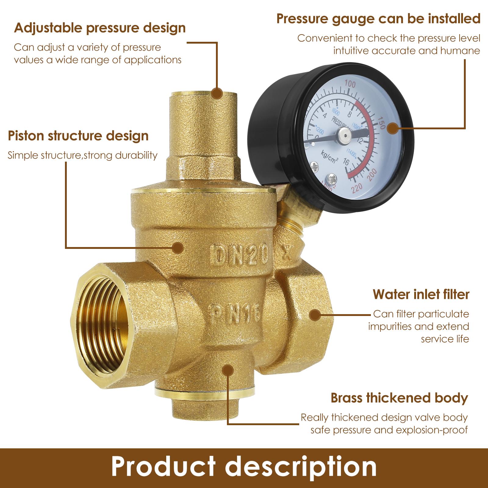 

Water Pressure Reducer 3/4inch DN20 Brass Water Pressure Regulator Valve 1/2inch DN15 Adjustable Pressure Reducer with Pressure 1/2