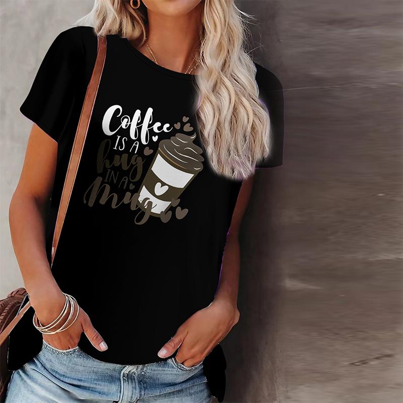 Dam Sommar T-shirt Kaffetryck Kortärmad T-shirts Casual Tryckta Toppar