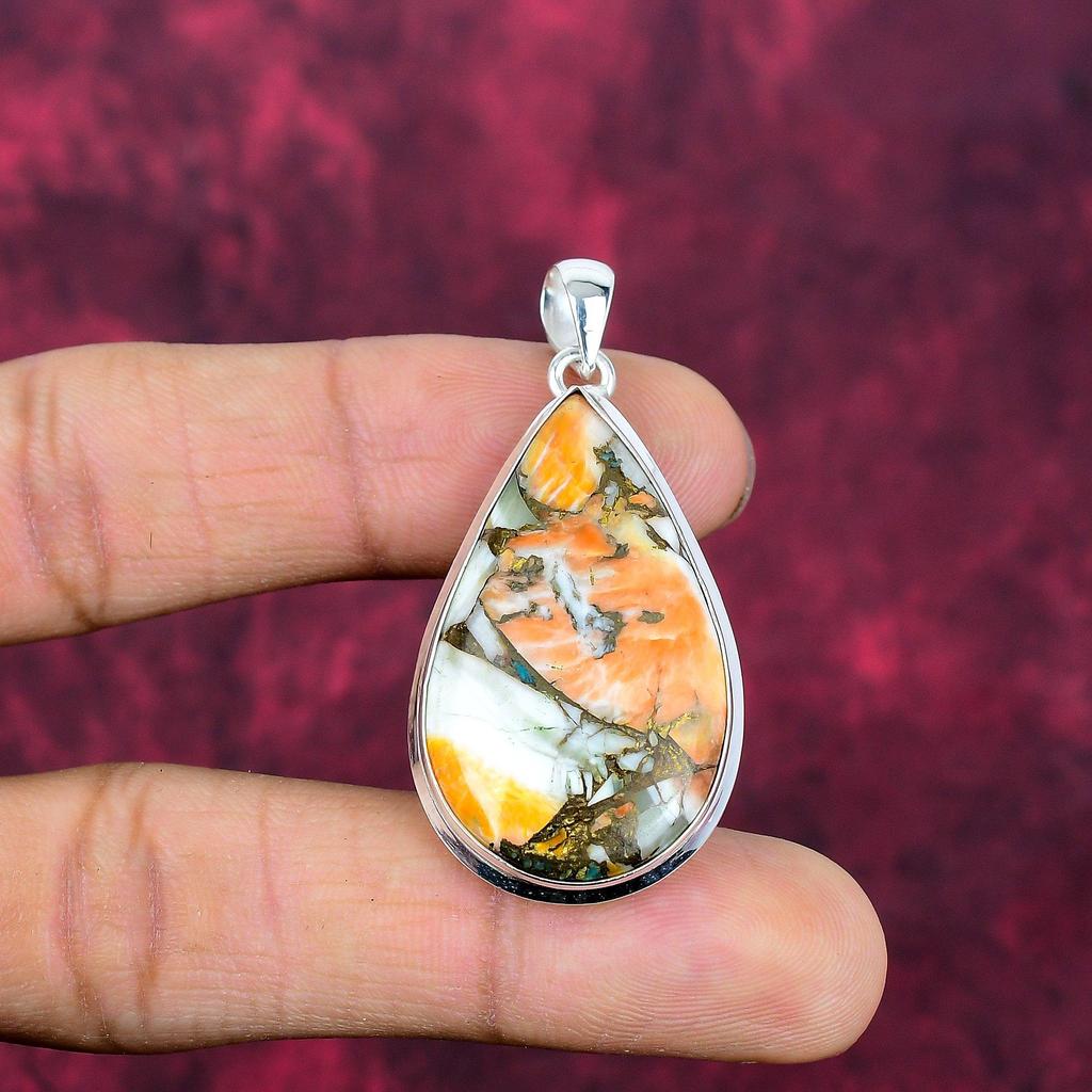 Pomarańczowy wisiorek z kolczastej ostrygi, Srebro próby 925, Biżuteria z kamieniami szlachetnymi, Ręcznie robiony wisiorek, Niesamowita biżuteria, Prezent dla niej