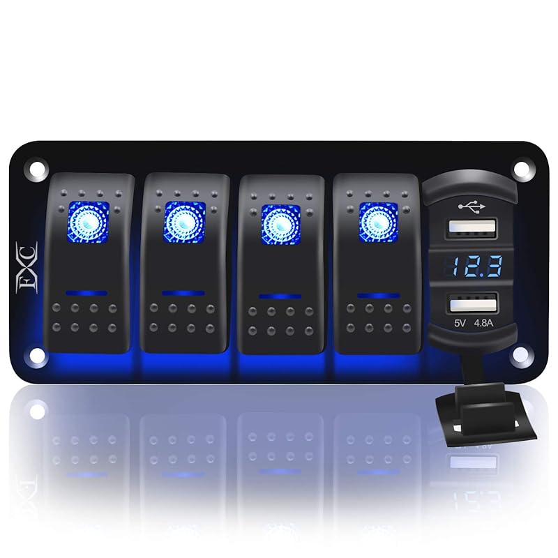 Purishion 4 Gang Rocker Switch Aluminum Panel with Voltmeter & Dual USB(4.8 Amps) Fast Charging, Blue Backlit Led, Pre-Wired IP65 Waterproof for