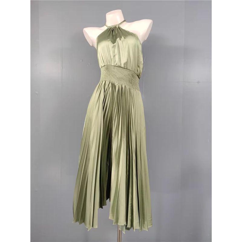 

Export Single in Home Diagonal Collar Design Smooth Satin Ruched Large Swing Dress Elegant Goddess Temperament Party Dress Green S