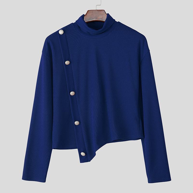 

INCERUN Autumn Men High Neck Long Sleeve Cropped Irregular Rib Pullover Tops 3XL синий