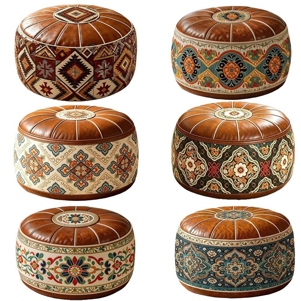 Fillable Round Ottoman Stool Vintage Style Storage Ottoman Pouf Footstool Cover Entryway Seating