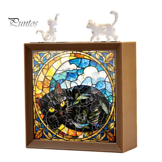 Wooden Photo Frame Base DIY Acrylic Cat Puzzles Night Light, Hand-Assembled Stained Glass Style Jigsaw Lamp with Personalized Handmade Presents Decor,