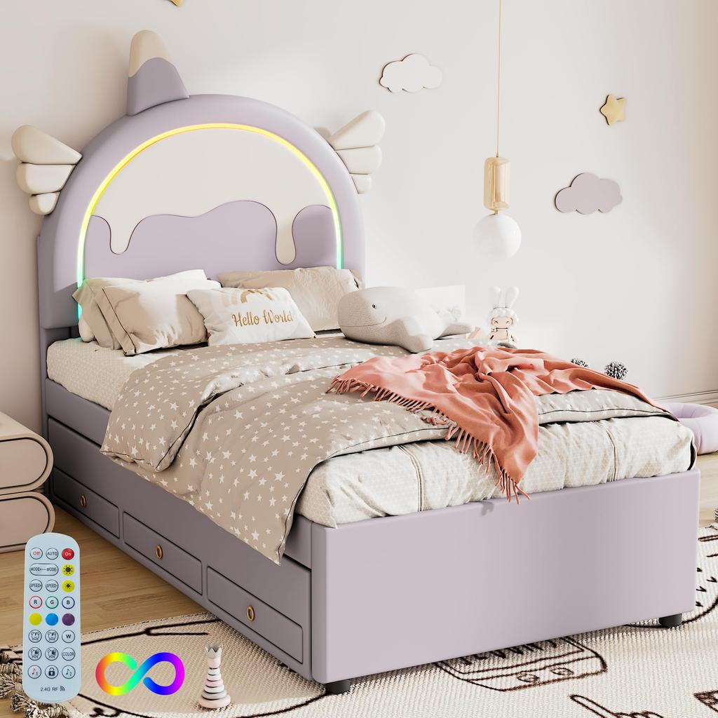 Children's Bed 90x200cm with LED Light, Sofa Bed Daybed with Pull-Out Bed and Drawers, Without Mattress