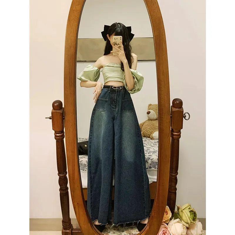 

Юбка-джинсы супер широкие штанины женская летняя новая простая свободная с высокой посадкой тонкая и универсальная дизайн большие штаны-клеш XL