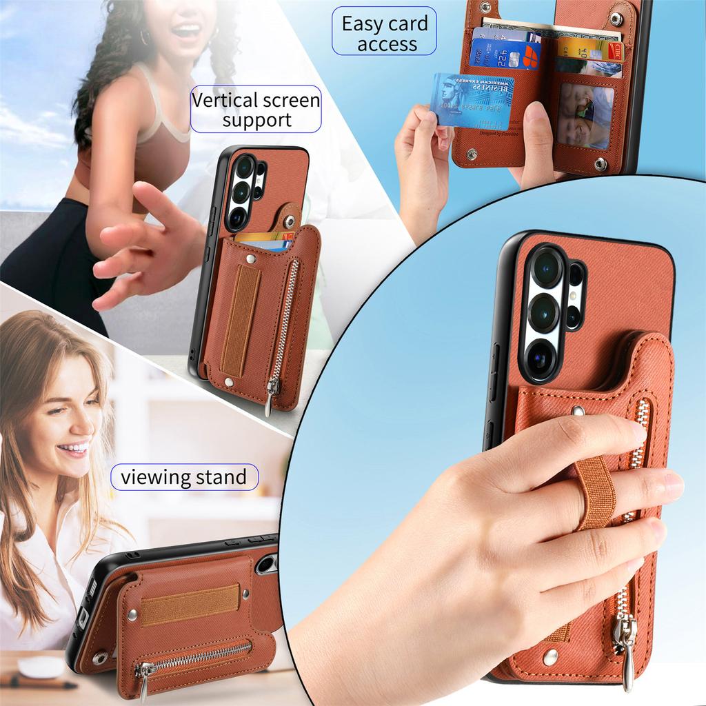 Magnetic Zipper Elastic Wrist Strap Cards Solt Wallet Leather Case For Samsung S25 Ultra S24 Plus S23 A17 A07 kickstand Cover
