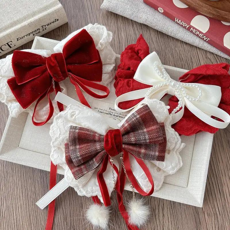 New Lace Bowknot Hair Clips For Girls Sweet Versatile Stylish New Year Ponytail Hairpin Red Velvet Korean Kids Princess Headwear