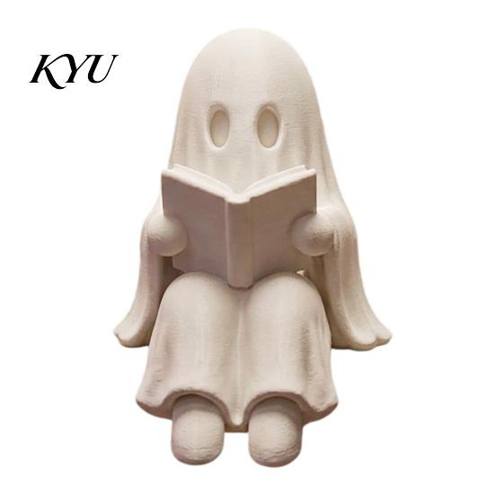 3D Printed Resin Statue Ghost Reading Book Halloween Decoration, Shelf Sitter Statue, Miniature Cute Spooky Sitting Figurine for Bookshelf,