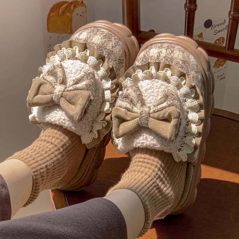 Fashion Fluffy Slippers Women Home Retro Bowknot Designer Winter Shoes Girls Cute House Cotton Casual Plush Platform Footwear Elegant