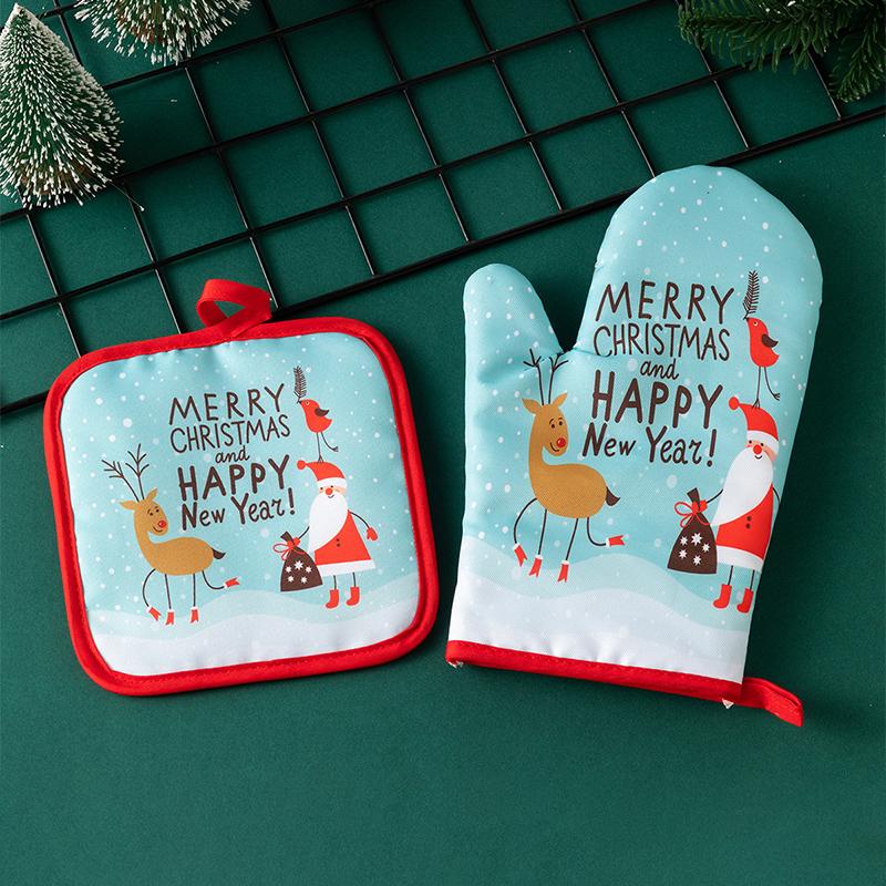 2PCS Christmas Oven Mitts and Pot Holders Set Heat Resistant Microwave Oven Gloves and Potholder for Kitchen Cooking Baking