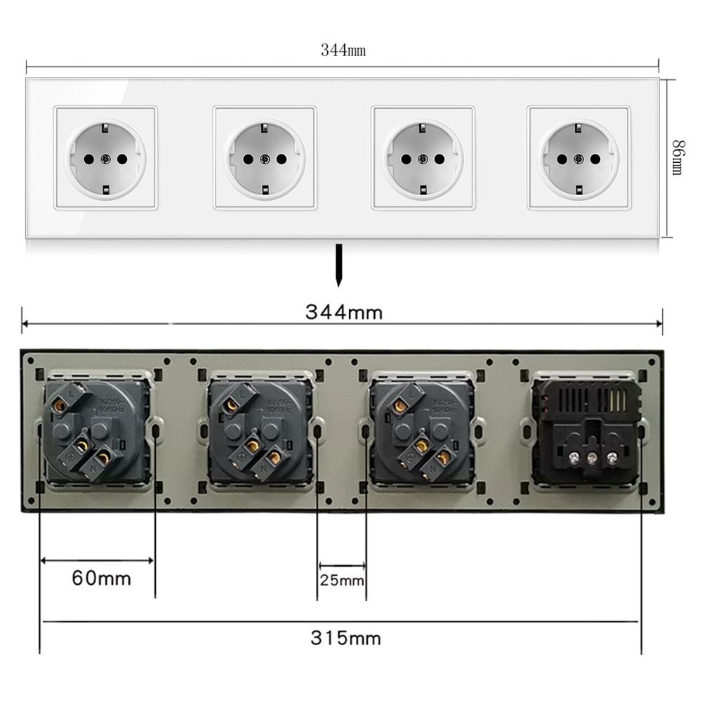 EIOMR EU Standard 16A Tempered Crystal Glass Panel Wall Socket Power Outlet Electrical Plug with Usb 5V 2100mA Ac110-250V White