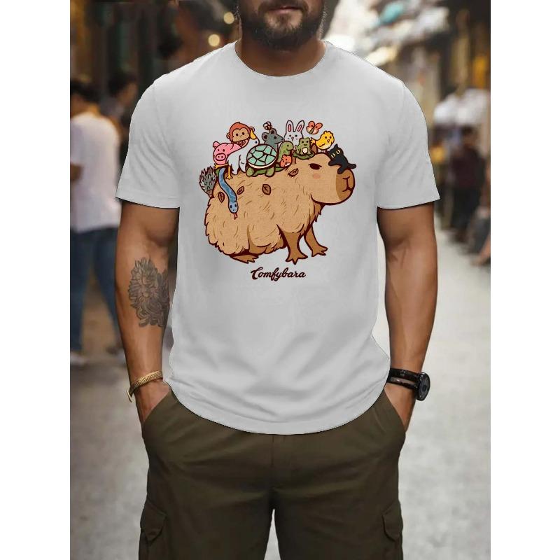 Европейские размеры Мужская забавная футболка с животными - Милые капибары, медведи, кролики, бобры в праздничных колпаках S