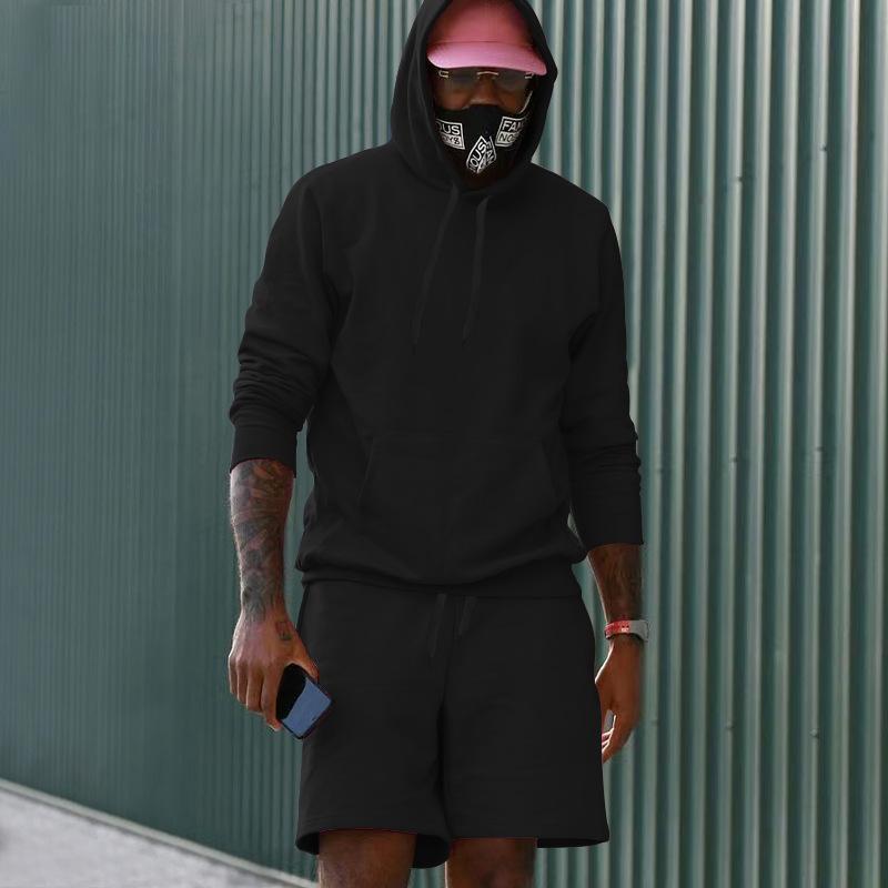 Men's Fleece Hoodie Shorts Two-piece Loose Solid Color Casual Sports Men's Suit