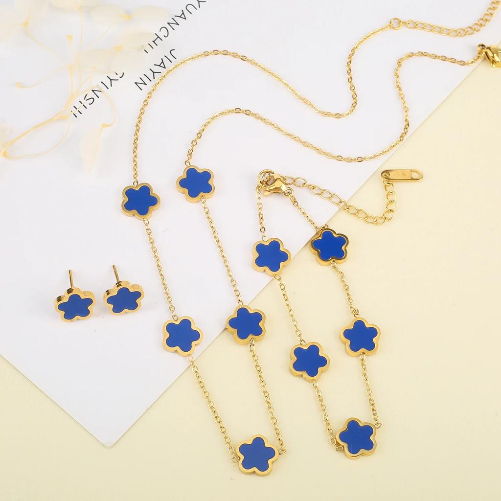 High-Quality Stainless Steel Five-Leaf Flower Set Bracelet Necklace Earrings Simple For Woman Party Birthday Zircon Gift Clover
