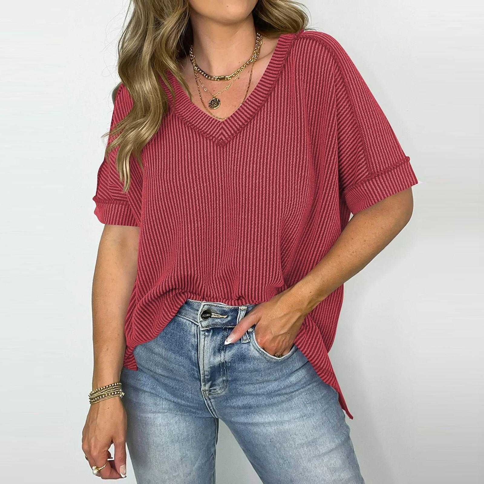 

Жіноча модна однотонна повсякденна футболка з V-подібним вирізом і короткими рукавами XXL червоний