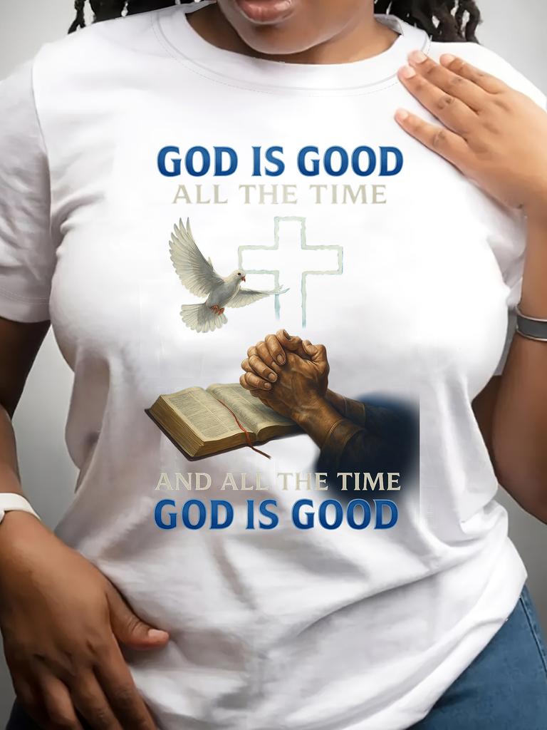 European size Pray to God Printed T-Shirt, Fashionable Style,  Casual Short-Sleeved T-Shirt, Round-Neck Top, Patterned Printed Round-Neck T-Shirt
