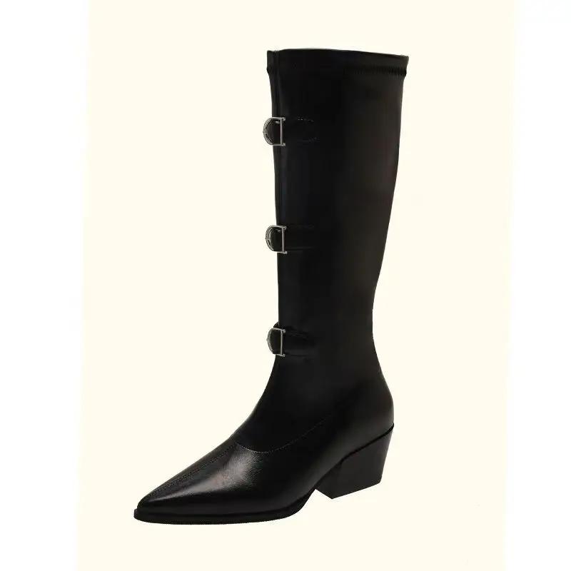 2026 Pointed High Heels Western Cowboy Fashion Boots Belt Buckle Knight Boots