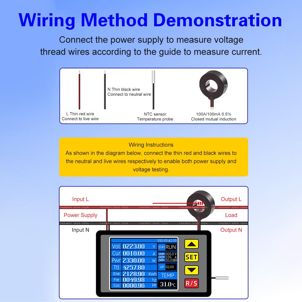 AC 50-300V 100A Voltage Current Power Meter Electricity Frequency Energy monitor Voltmeter with External Closed Ampere Inductor