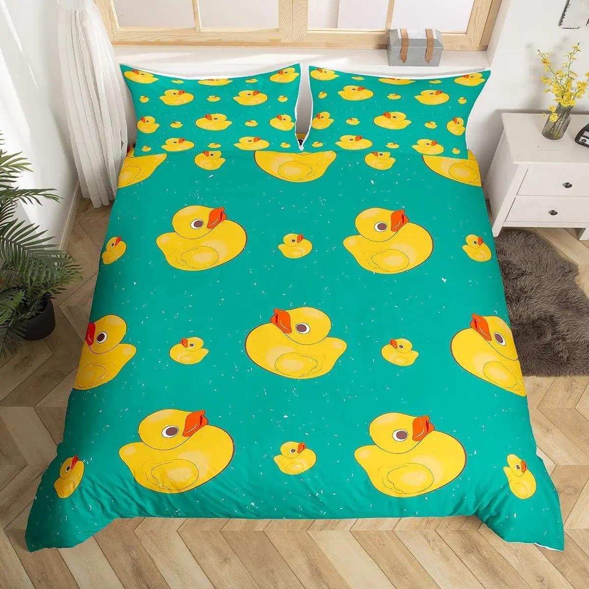 

Cute Duck Bedding Set 2-3Pcs Bedroom Quilt Cover Set Single Double Size Polyester Duvet Cover Pillowcase for Adult Boy Girl EU Single(135*200cm)3pcs