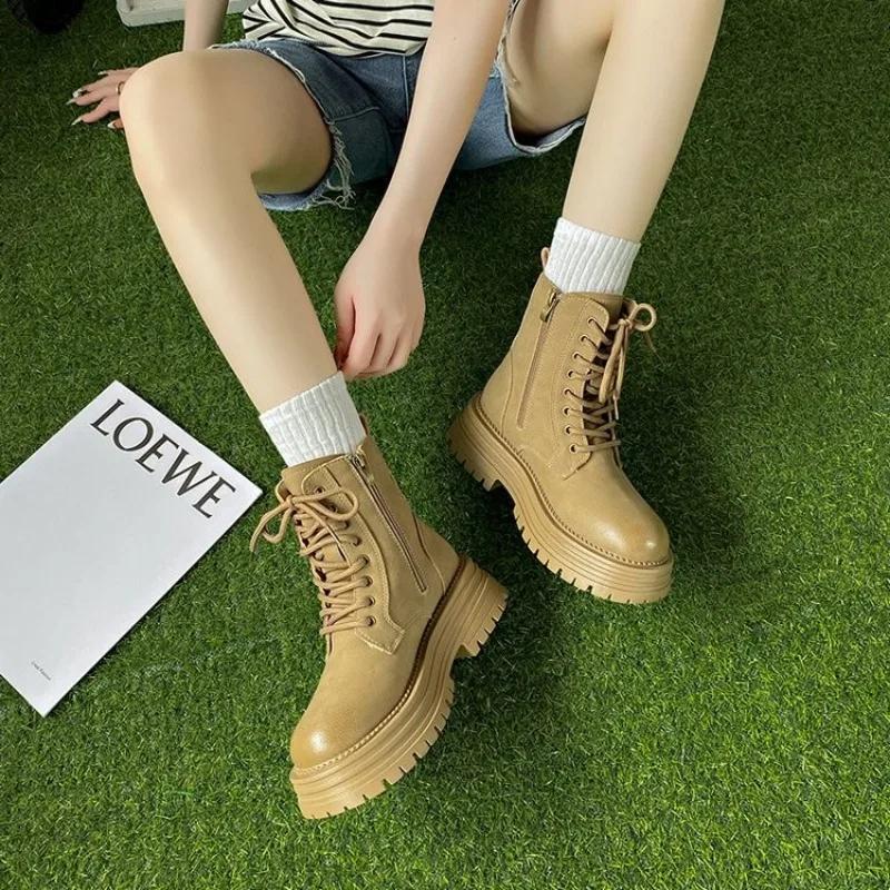 Fashion Shoes for Women 2024 New High-quality Lace Up Women's Boots English Ankle Thick Sole Solid Color Outdoor Daily Women's Boots