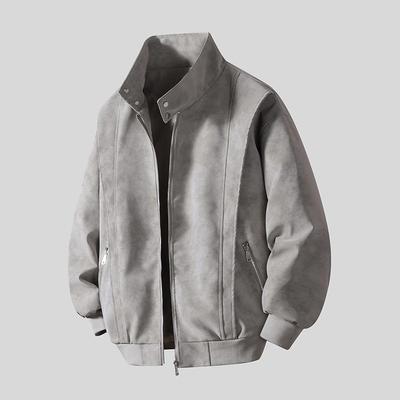 Men's Light Gray Suede Bomber Jacket, Stand Collar Casual Coat with Zipper Pockets, Retro Streetwear Style for Daily Wear