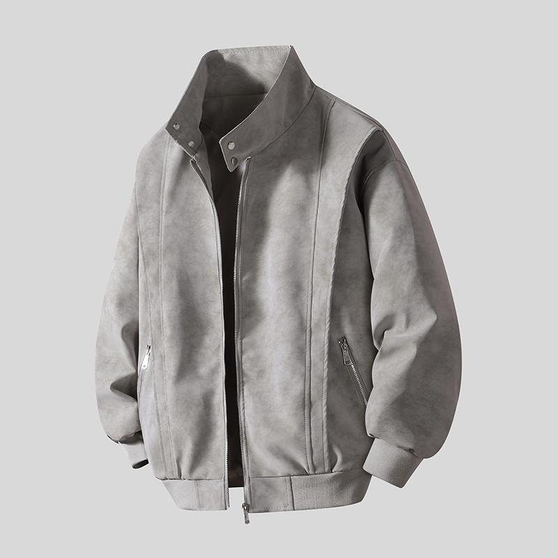 Men's Light Gray Suede Bomber Jacket, Stand Collar Casual Coat with Zipper Pockets, Retro Streetwear Style for Daily Wear