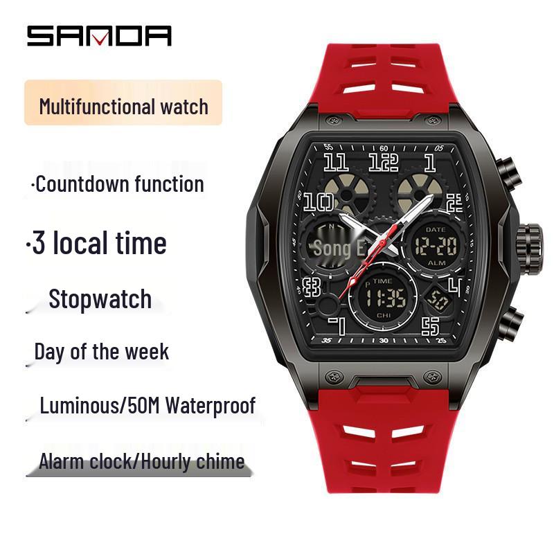 Sanda Dual Display Waterproof Barrel-Shaped Electronic Watch with Alarm for Students and Parties
