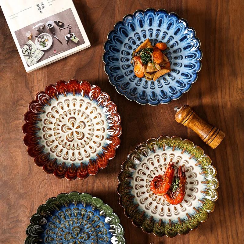 Ceramiczne talerze w stylu japońskim Kreatywne Retro Płatki Restauracja Talerz na stek Sałatka Naczynia domowe Deser Owoce Zastawa stołowa 10 cali
