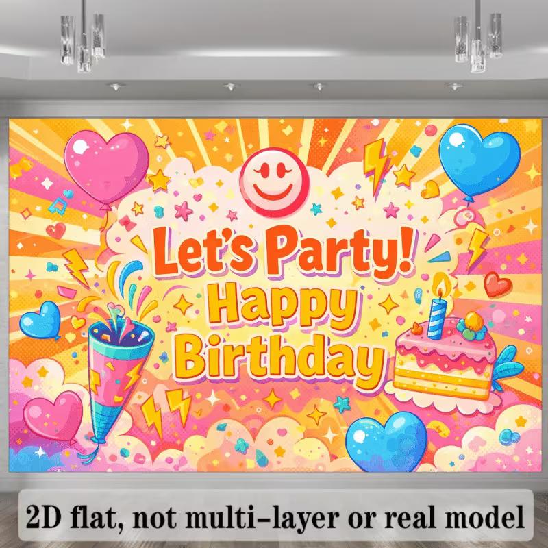 2D Happy Birthday Backdrop Bright Cartoon Balloon Photo Background