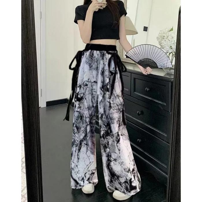 

Women s Summer Ink Wash Tie-Dye Ice Silk Wide-Leg Pants with Sashes Small