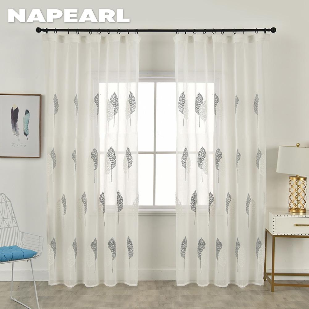 1PC NAPEARL 10%-20% Shading White Transparent Floral Embroidered Grey Leaves Tulle Sheer Voile Curtain for Living Room Bedroom