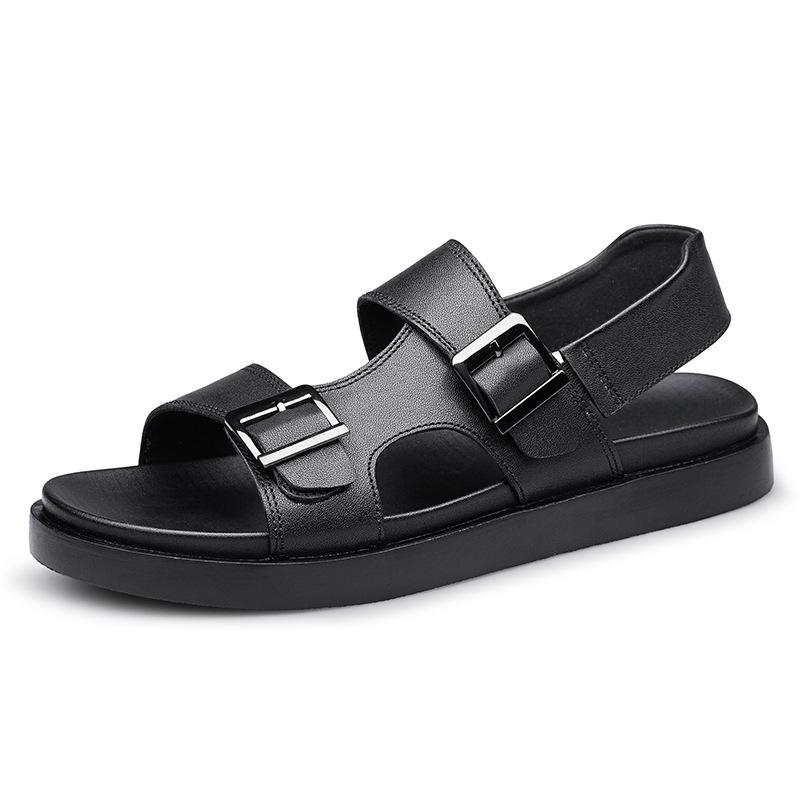 Men s Plus Size Genuine Leather Open Toe Sandals - Black Buckle Slip-On Beach Shoes 43 чёрный