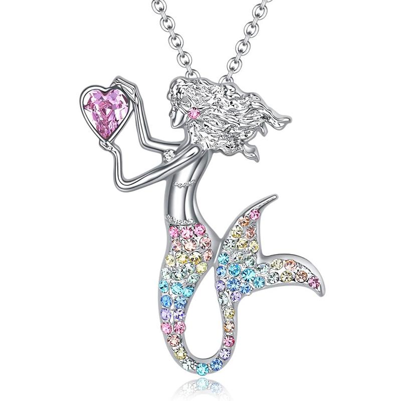Fashion Mermaid Birthstone Pendant Jewelry White Gold Plated Austrian Crystal Necklace Gift for Girls Women