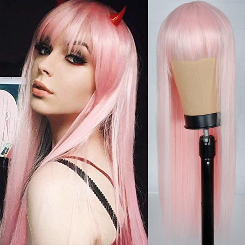 Fashion Long Straight Hair Wig with Bangs Wine Red Synthetic Fiber Wig for Women Daily Wear